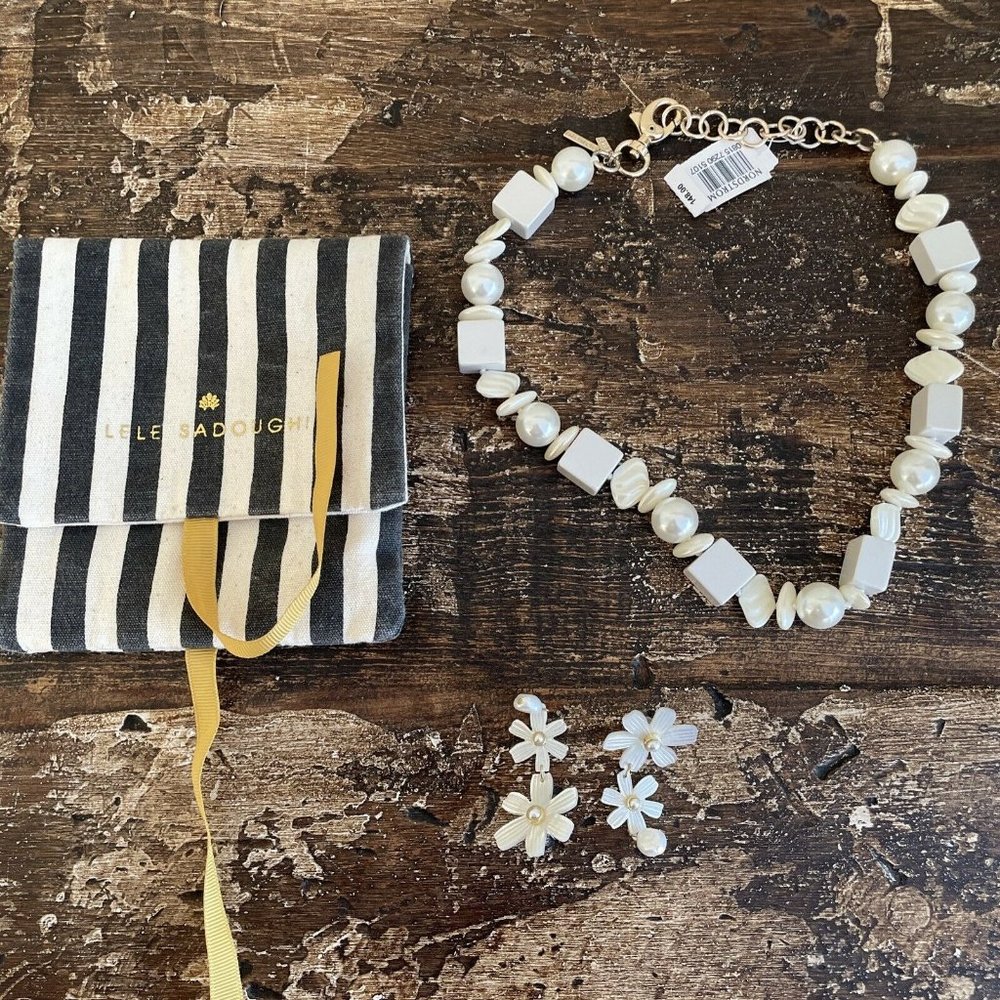 Lela Sadoughi Mini Stacked Collared Pearl Necklace With Pearl Earrings Lot, NEW